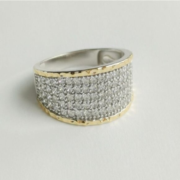 White Sapphire 14k gold and sterling silver two tone  wide band ring siz… - Picture 2 of 7